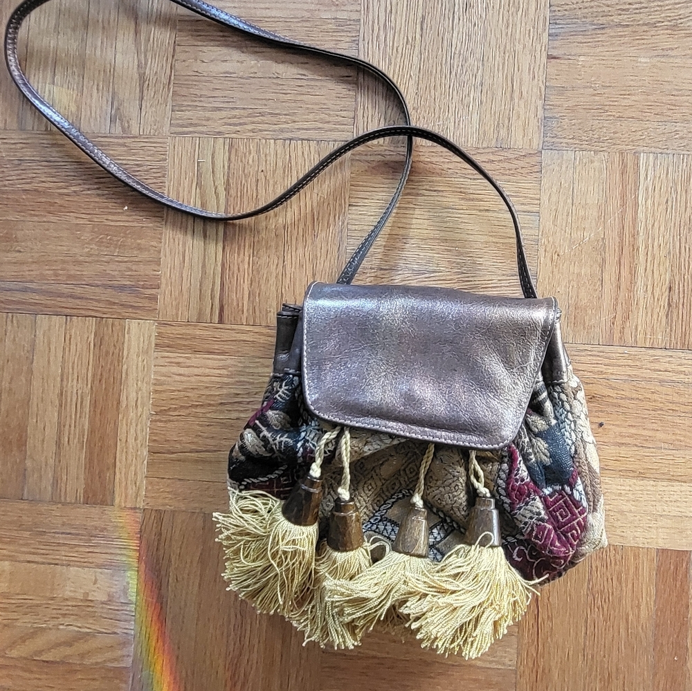 Metallic Bronze Drawstring Satchel with Tassel Accent